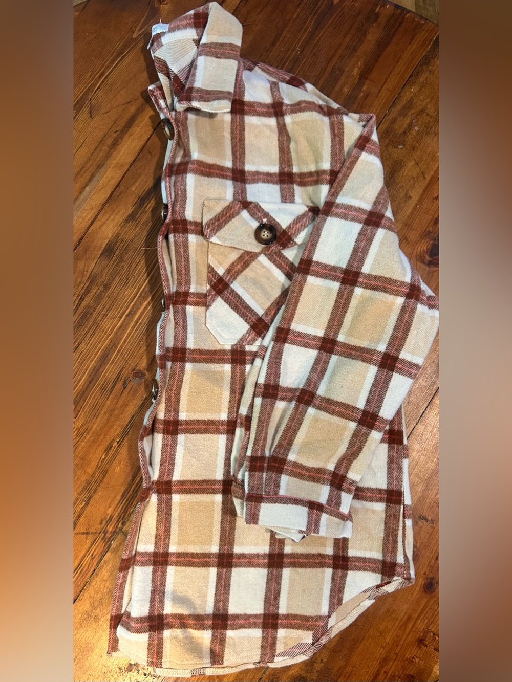 Cozy Plaid Button-Down Shacket in Beige, White & Brown